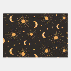 Boho orange Sonne und Mond Muster  Geschenkpapier Set