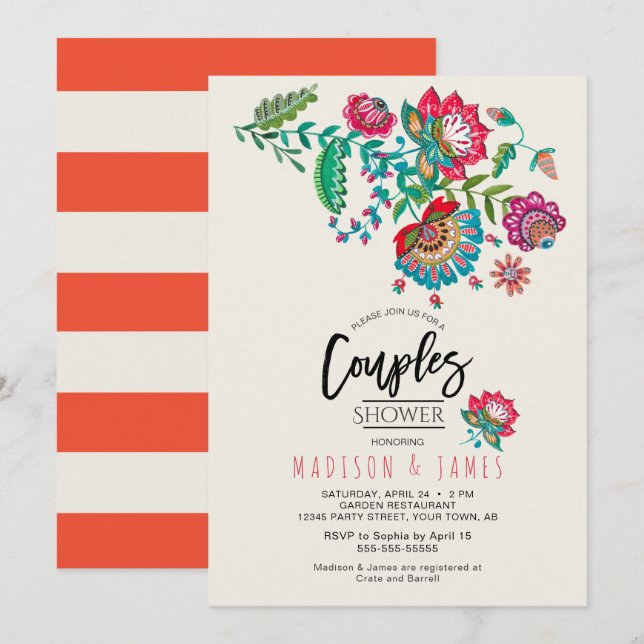Boho Orange Stripe Folk Blume | Dusche für Paare Einladung (Vorne/Hinten)