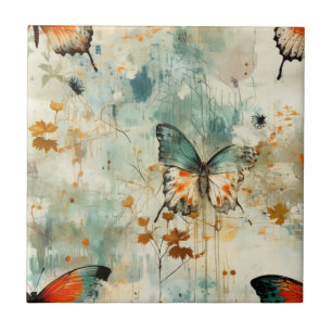 Boho Orange Teal Schmetterling Wildblume Painterly Fliese