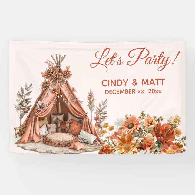 Boho Orange Zent Wildblumen Hochzeit Banner (Horizontal)