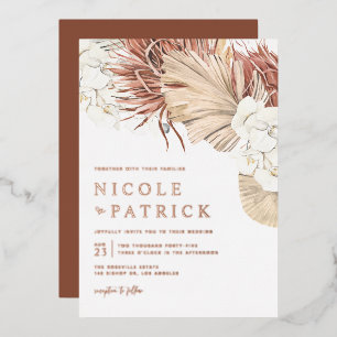 Boho-Orchideen und getrocknete Palmwedel-Hochzeit Folieneinladung