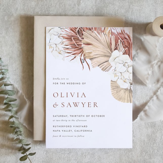 Boho Orchids and Dried Palm Blätter QR Code Weddin Einladung (This QR code wedding invitation is perfect for modern weddings with a natural or boho theme.)