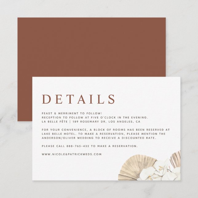 Boho Orchids und getrocknete Palm-Blätter Hochzeit Begleitkarte (Vorne/Hinten)