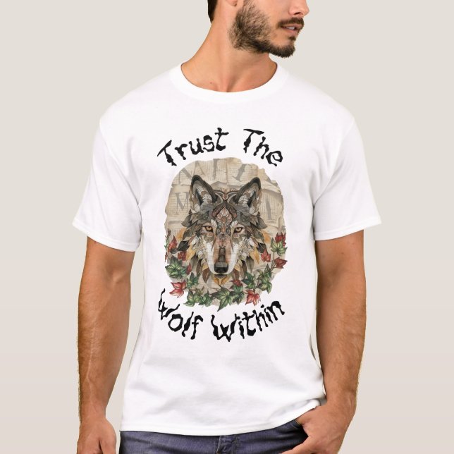 Boho-Ornamentaler Wolf mit Blättern T-Shirt (Vorderseite)