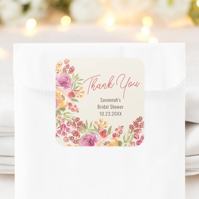 Boho Painted Floral Brautparty Vielen Dank Quadratischer Aufkleber (Boho Painted Floral Bridal Shower Thank You Square Sticker)