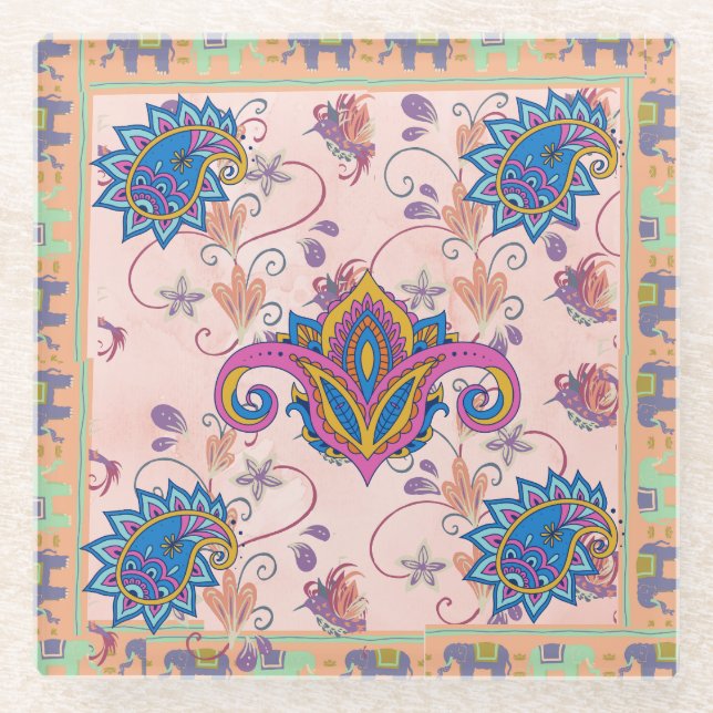 Boho paisley and elephant pattern_lmandala artwork glasuntersetzer (Vorderseite)