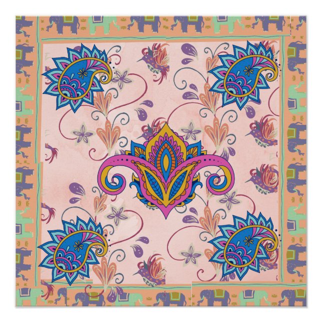 Boho paisley and elephant pattern_lmandala artwork poster (Vorderseite)