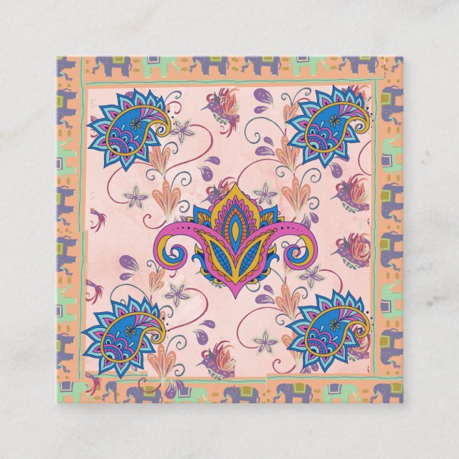 Boho paisley and elephant pattern_lmandala artwork quadratische visitenkarte (Vorderseite)