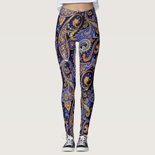 Boho Paisley Print Violet und Black Leggings (Vorderseite)