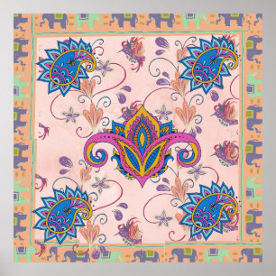 Boho-Paisley- und Elefantenmuster_lMandala-Kunstwe Poster