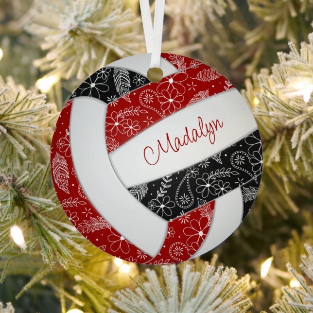 Boho Paisleyball Federn blumenrote schwarze Volley Ornament Aus Metall (InSitu)