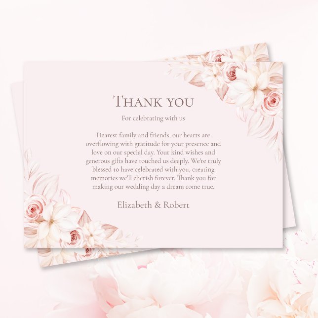 Boho Pale Pink Roses Wedding Dankeskarte (Boho Pale Pink Roses Wedding Thank You Card on table with pink roses.)