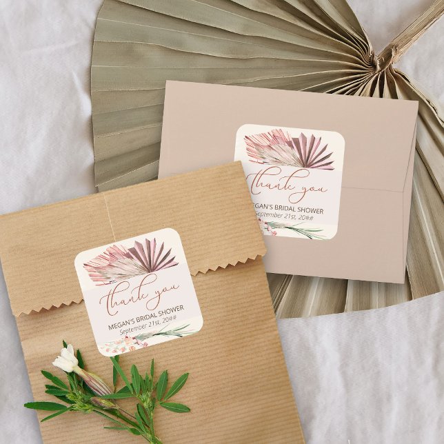 Boho Palm Dried Tropical Foliage Vielen Dank Quadratischer Aufkleber (Thank you stickers from my Boho Palm Bridal Shower Collection)