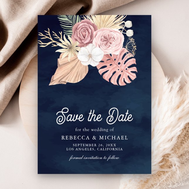 Boho Palm Dusty Pink Roses Navy Blue Wedding Save The Date (Von Creator hochgeladen)