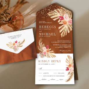 Boho Palm Erdiges Florales Pampas Terrakotta Hochz All In One Einladung