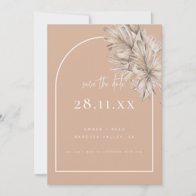 Boho Palm Leaf Bloral Blush Pink Modern Arch Save The Date (Vorderseite)