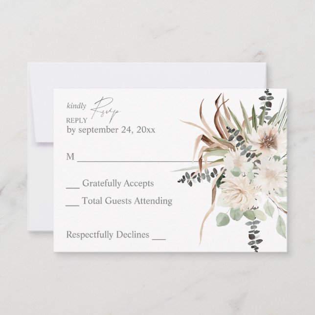 Boho Palm Leaf Eukalyptus & Beige Floral ni RSVP Karte (Vorderseite)