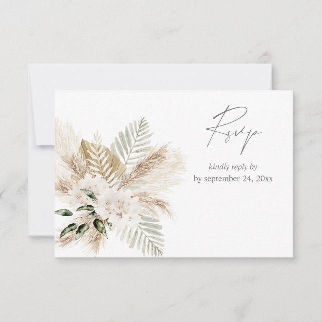 Boho Palm Leaf Pampas & Beige Floral mit Meal RSV RSVP Karte (Vorderseite)