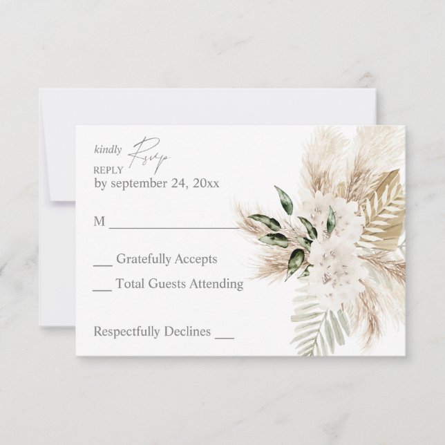 Boho Palm Leaf & Pampas & Beige Floral ni essen RSVP Karte (Vorderseite)