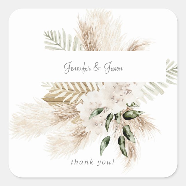 Boho Palm Pampas & Beige Floral Vielen Dank Quadratischer Aufkleber (Vorderseite)