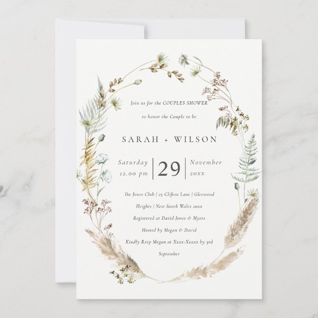 Boho Palm Pampas Grass Flora Couples Invitation do (Devant)