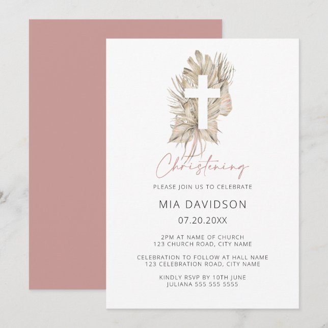 Boho Palm Pink Aquarell Blumenkreuz Christening Einladung (Vorne/Hinten)