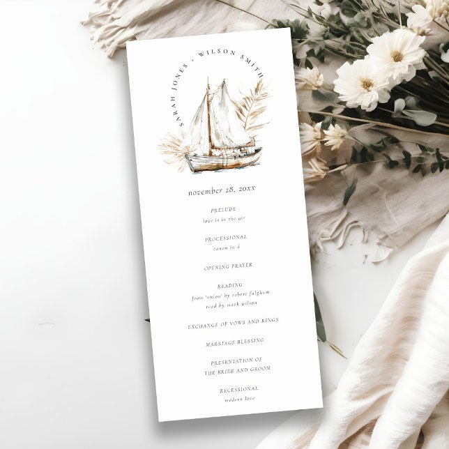 Boho Palm Sailboat Seascape Hochzeitsprogramm Einladung (Von Creator hochgeladen)