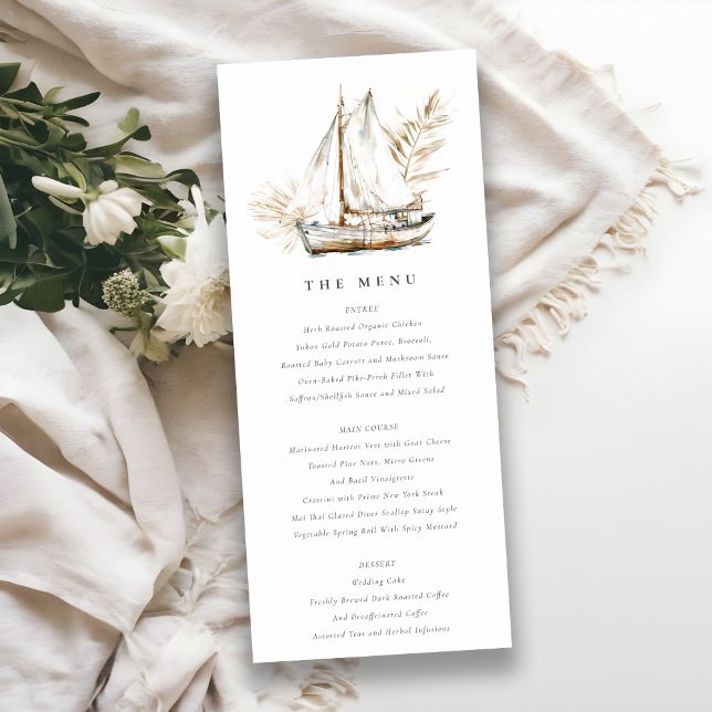 Boho Palm Sailboat Seascape Wedding Menu Card Einladung (Von Creator hochgeladen)