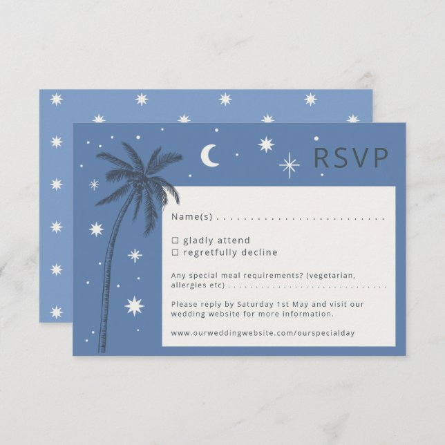 Boho Palm Springs Blue Wedding RSVP Karte (Vorne/Hinten)