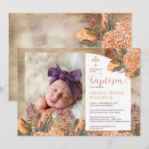 Boho Palm Verlasse Hydrangeas Girl Foto Taufe in Einladung