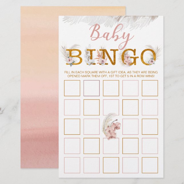 Boho Pampas Baby Dusche Bingo Game Card (Vorne/Hinten)