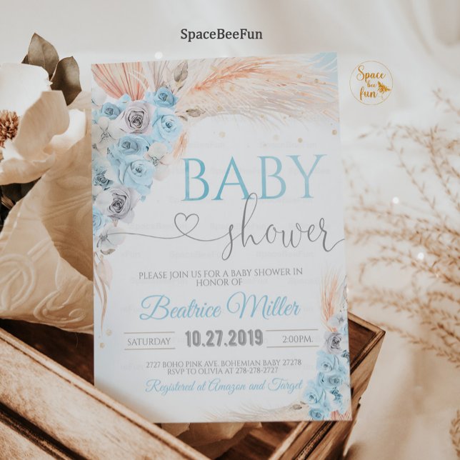 Boho Pampas Baby shower en herbe Invitation Boy Bo (Boho Pampas Grass Baby Shower Invitation Boy Bohemian Tropical  Blue  and Gold  Invites )