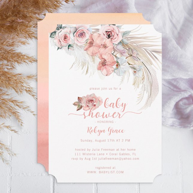 Boho Pampas Baby shower Invitation Blush Floral (Boho Floral Baby Shower Invite)