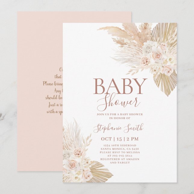 Boho Pampas Baby shower Invitation fille (Devant / Derrière)