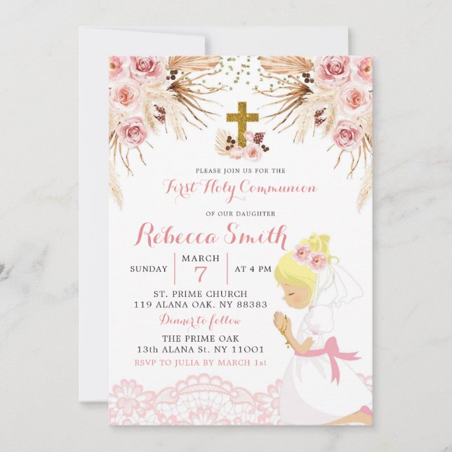Boho Pampas Blonde Girl First Communion Invitation (Devant)
