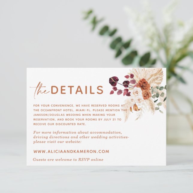 Boho Pampas Burnt Orange Mariage Détails Carte (Debout devant)