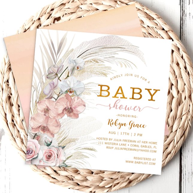 Boho Pampas Chic Baby shower Invitation pour fille (Pampas Grass & Floral Baby Shower)