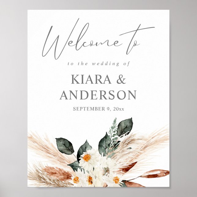 Boho Pampas Cuivre Beige Floral Affiche de bienven (Devant)