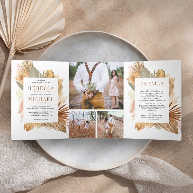 Boho Pampas Dried Palm Foto Collage Wedding Dreifach Gefaltete Einladung (Von Creator hochgeladen)
