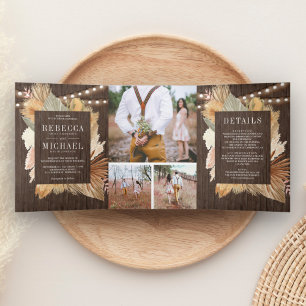 Boho Pampas Dried Palm Wood Foto Collage Wedding Dreifach Gefaltete Einladung