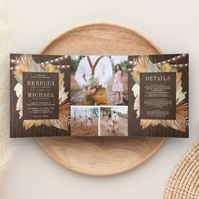Boho Pampas Dried Palm Wood Foto Collage Wedding Dreifach Gefaltete Einladung (Von Creator hochgeladen)