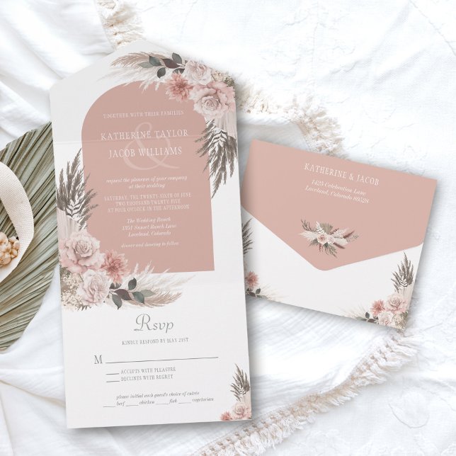 Boho Pampas Dusty Pink Floral Wedding All In One Einladung (blush pink boho pampas grass wedding invitations)
