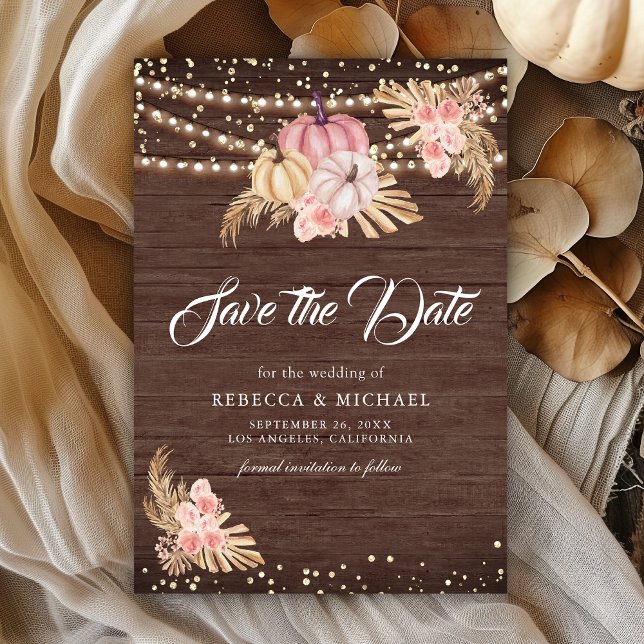 Boho Pampas Dusty Pink Roses Wood Pumpkin Wedding Save The Date (Von Creator hochgeladen)