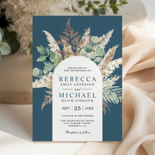 Boho Pampas Eucalyptus Arch Dusty Blue Wedding Einladung (Von Creator hochgeladen)