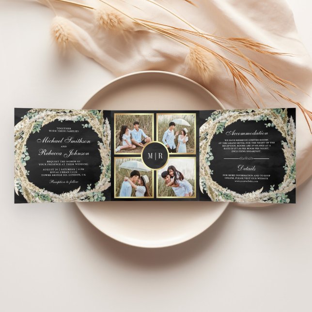 Boho Pampas Eucalyptus Wreath Black Wedding Dreifach Gefaltete Einladung (Von Creator hochgeladen)