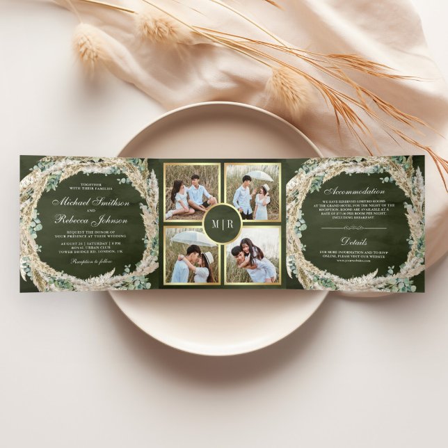 Boho Pampas Eucalyptus Wreath Sage Green Wedding Dreifach Gefaltete Einladung (Von Creator hochgeladen)