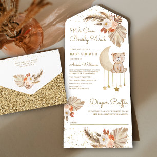 Boho Pampas Floral Moon Teddy Bear Baby Shower All In One Einladung