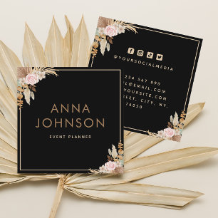 Boho Pampas Floral Schwarz Quadratische Visitenkarte
