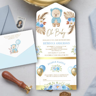 Boho Pampas Florales Blaues Teddybär-Baby-Shower All In One Einladung