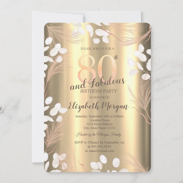 Boho Pampas Flowers Gold 80th Birthday  Einladung (Vorderseite)